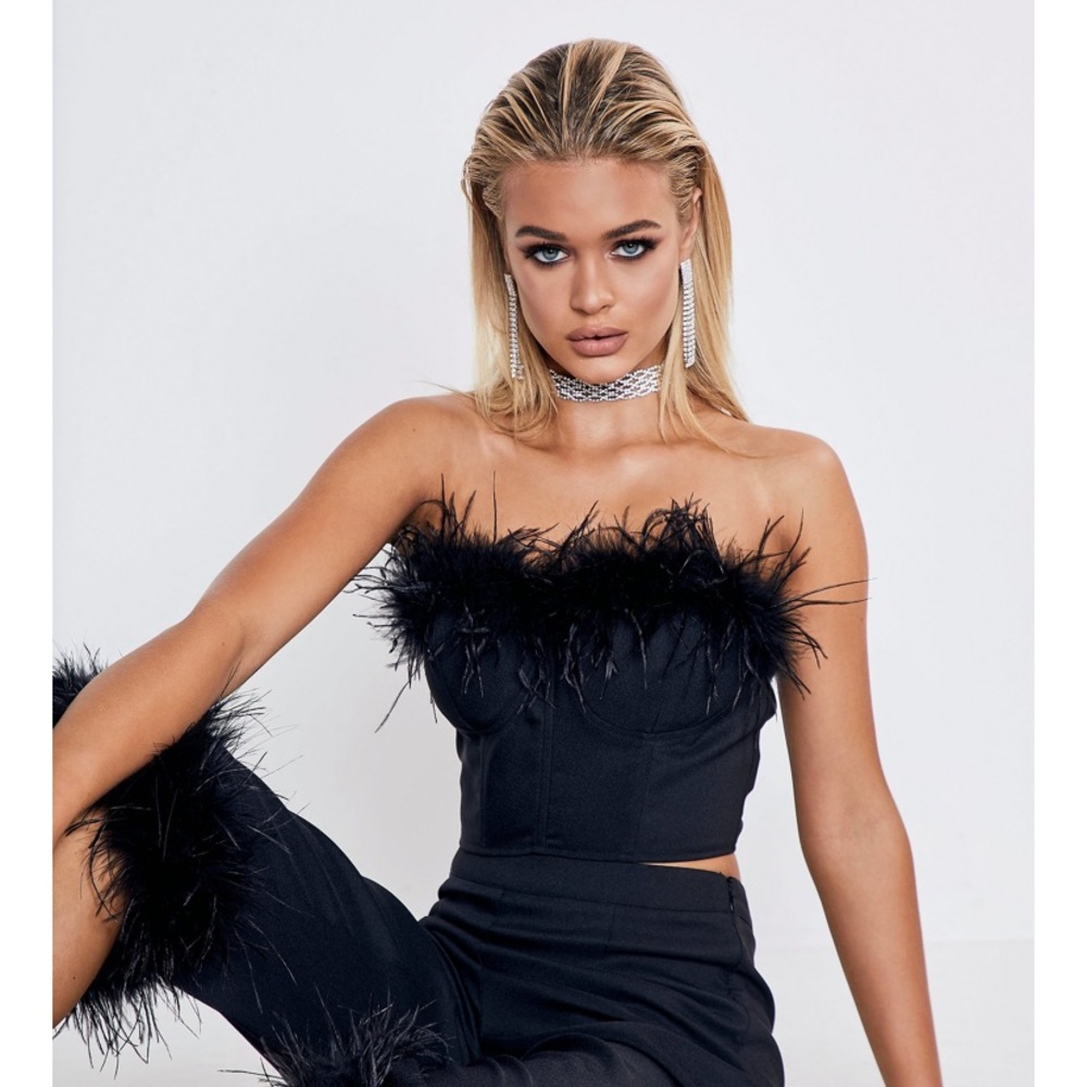 Boohoo Premium Feather Trimmed Cup Crop Bralet